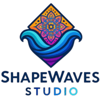 ShapeWaves Studio logo featuring a mandala flower above stylized blue waves